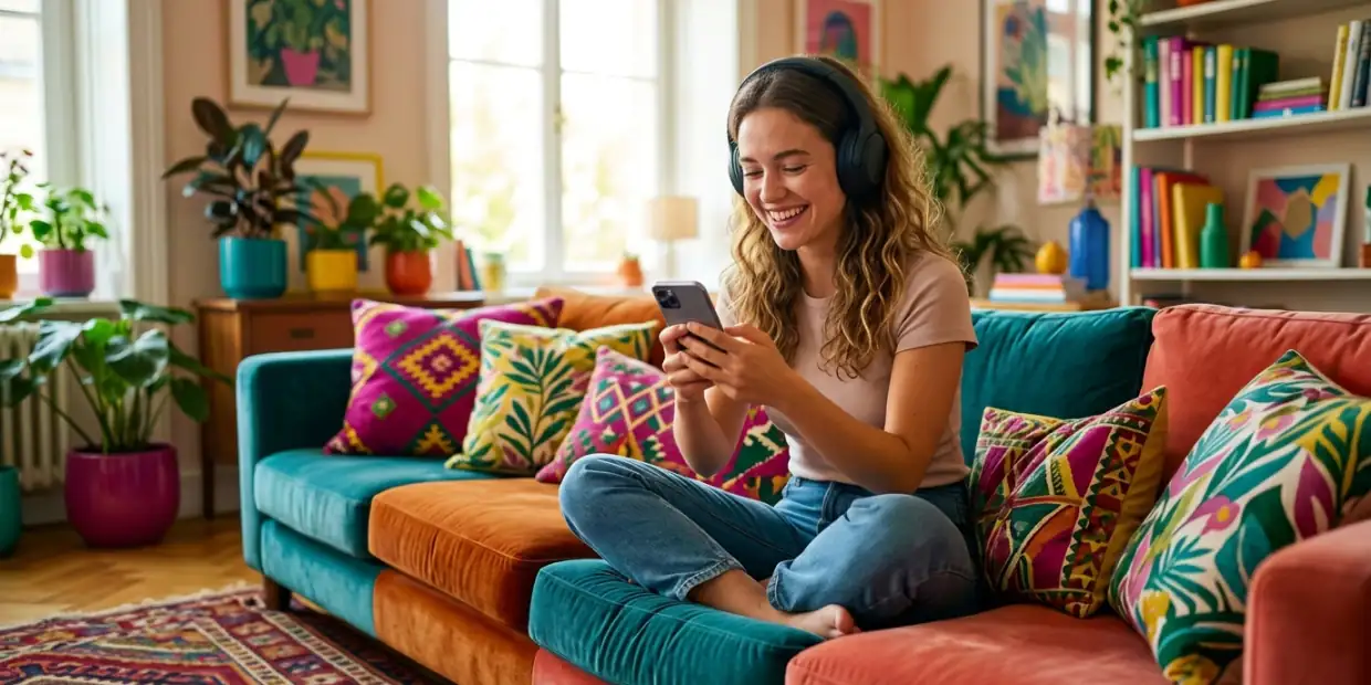 A woman with headphones smiling at her phone on a colorful sofa