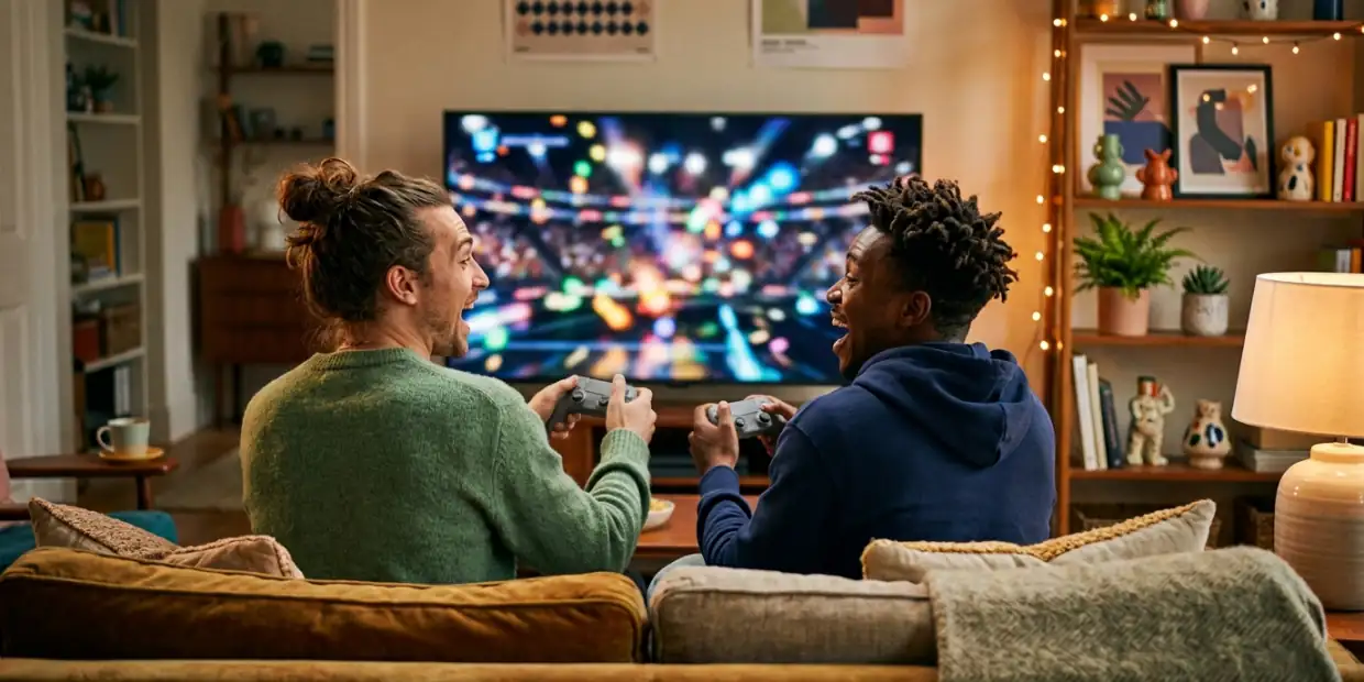 Two friends cheering with game controllers in front of a big TV