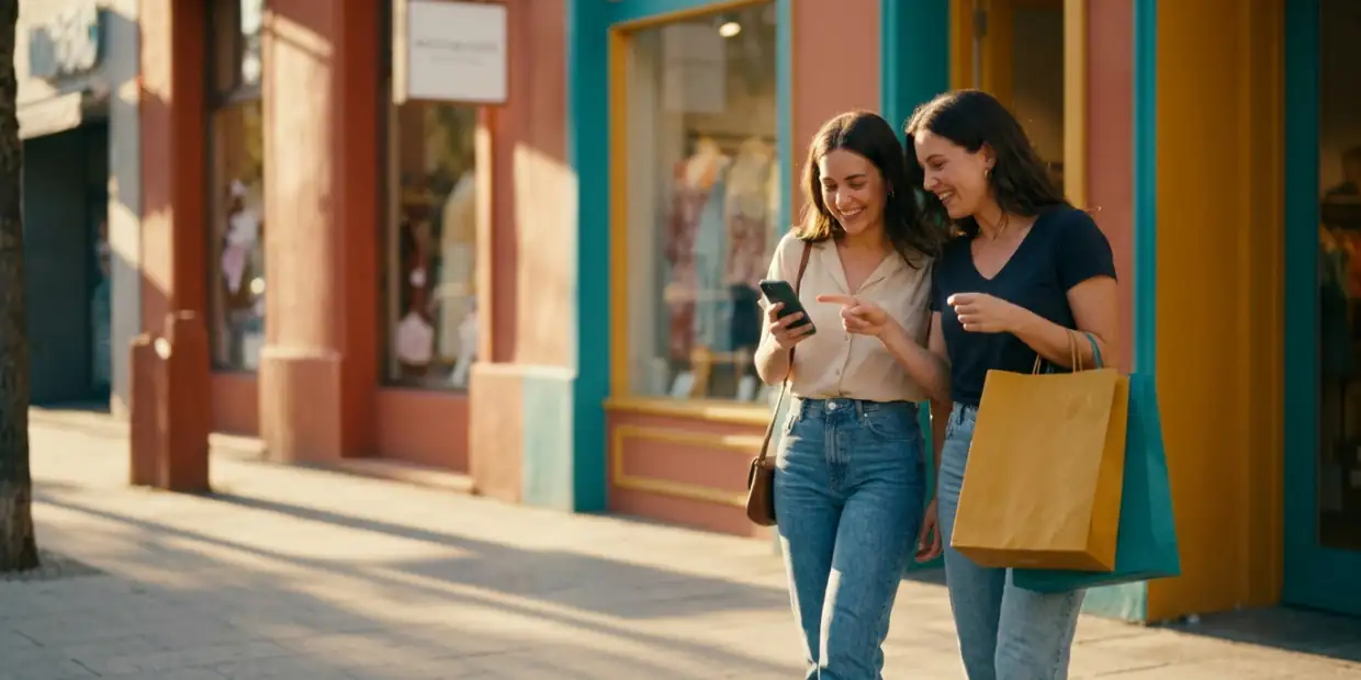 Two friends laughing over a phone as they walk out of a shop with shopping bags