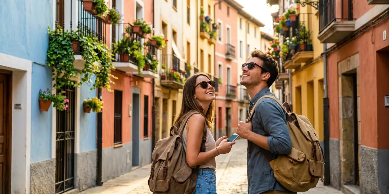 Two travelers with backpacks looking up at a colorful old street