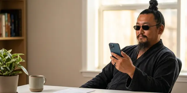 A man checking a payment on his phone at a desk by the window