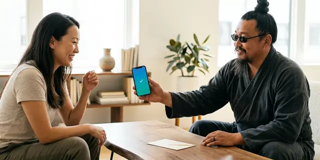 A man showing a friend a confirmed gift code on his phone