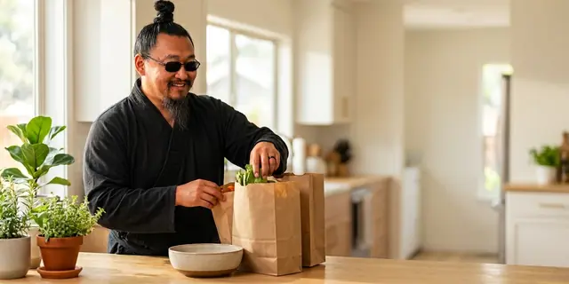 A man unpacking groceries from paper bags in a bright kitchen